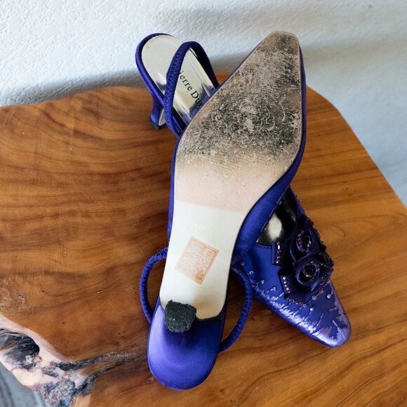 Pierre Dumas Purple Slingback Kitten Heels Size 11 Beaded Floral Cocktail Shoes - Picture 9 of 9